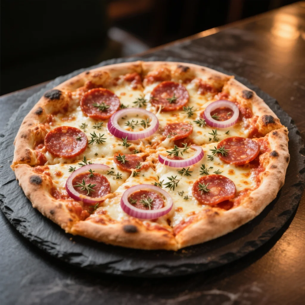 Pizza de Calabresa - calabresa fatiada, cebola roxa e orégano