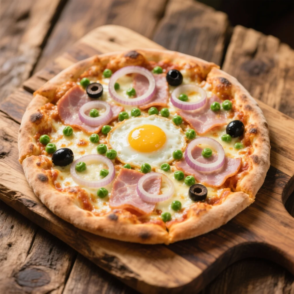 Pizza Portuguesa - presunto, ovos, cebola, azeitonas e ervilha